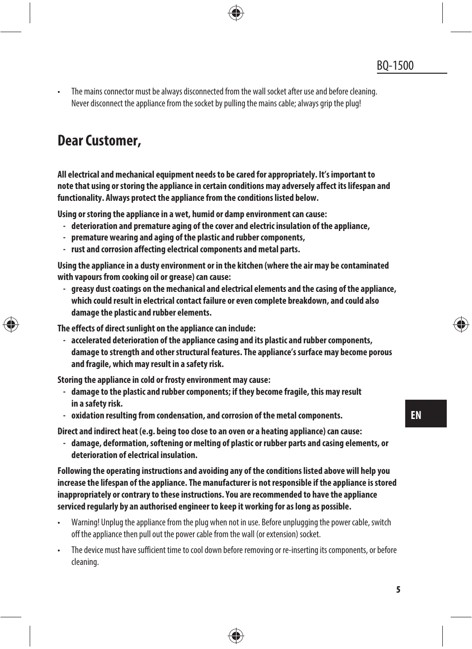 Dear customer, Bq-1500 | Dyras BQ-1500 User Manual | Page 5 / 49