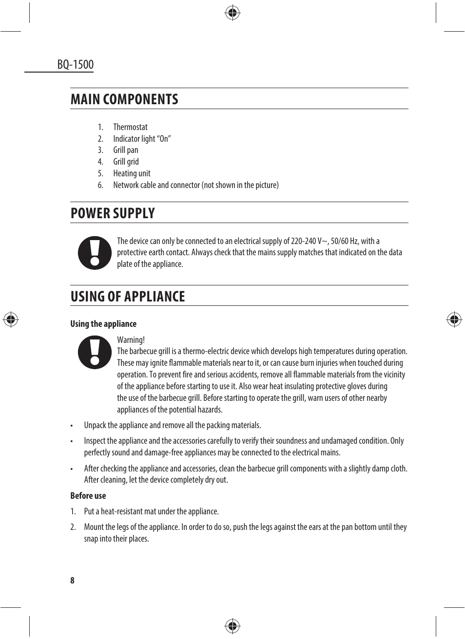 Main components, Power supply, Using of appliance | Bq-1500 | Dyras BQ-1500 User Manual | Page 8 / 49