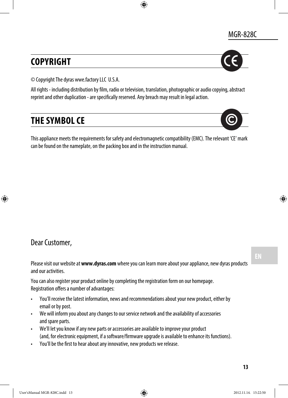 Copyright, The symbol ce, Mgr-828c | Dear customer | Dyras MGR-828C User Manual | Page 13 / 57