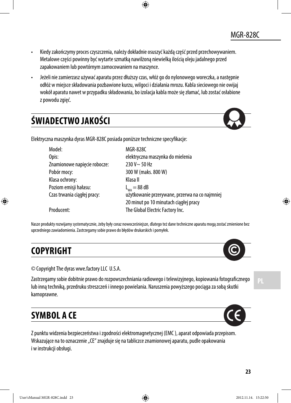 Świadectwo jakości, Copyright, Symbol a ce | Mgr-828c | Dyras MGR-828C User Manual | Page 23 / 57