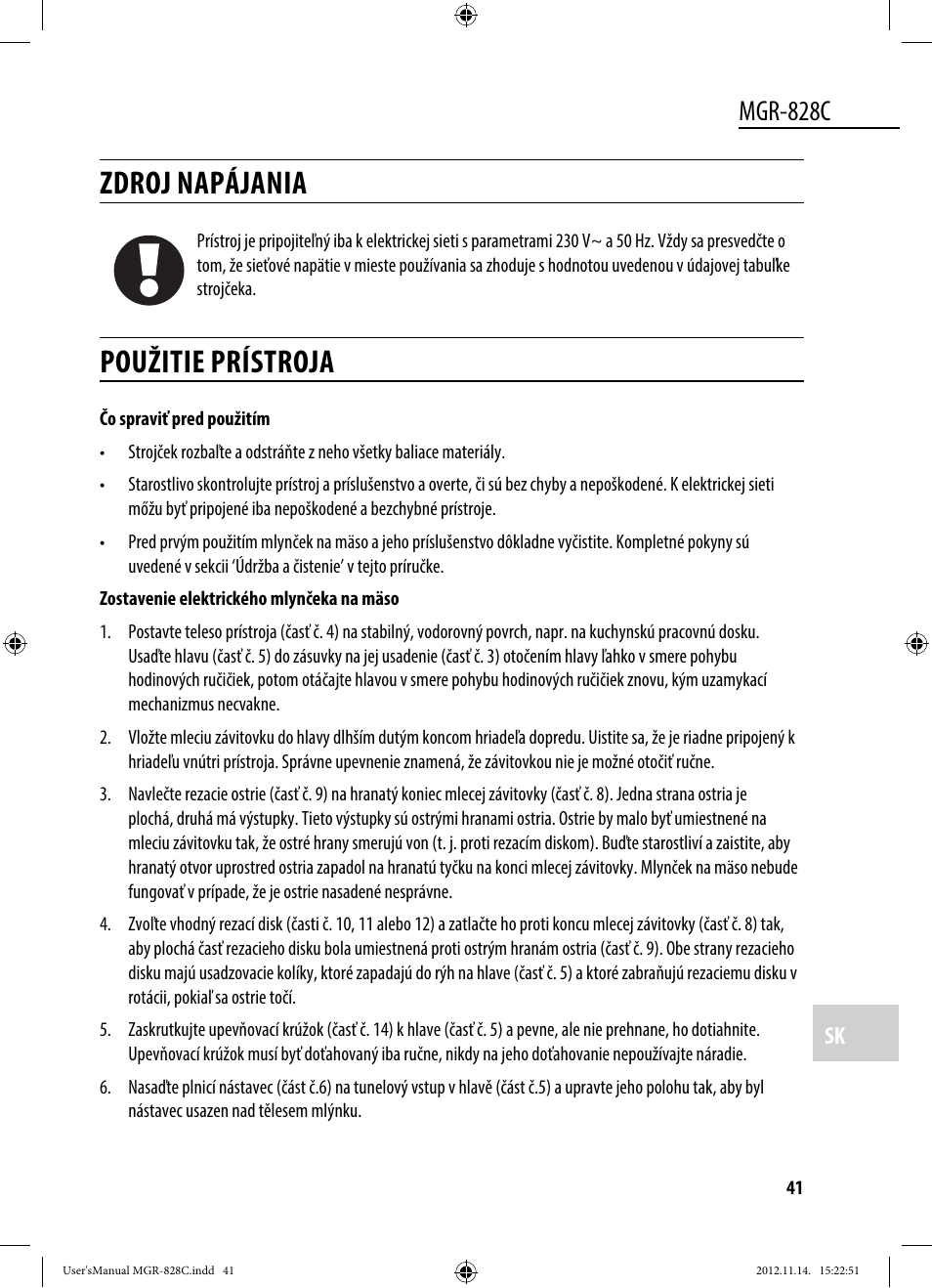 Zdroj napájania, Použitie prístroja, Mgr-828c | Dyras MGR-828C User Manual | Page 41 / 57