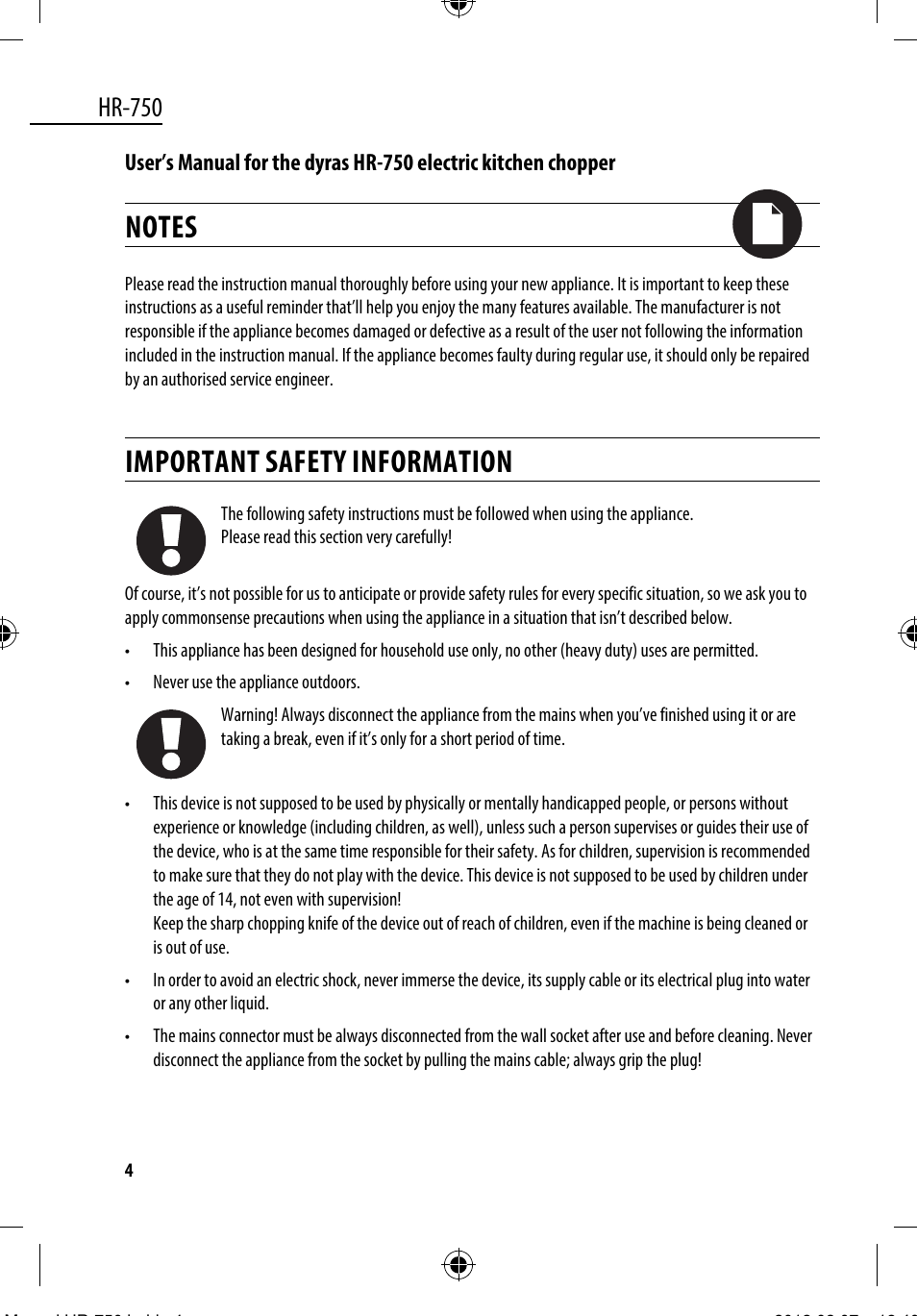 Important safety information, Hr-750 | Dyras HR-750 User Manual | Page 4 / 53