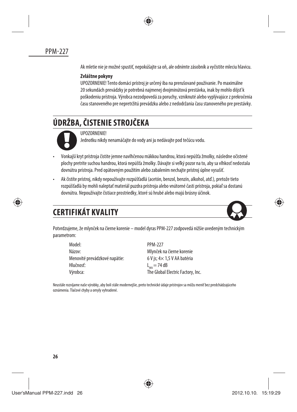 Údržba, čistenie strojčeka, Certifikát kvality, Ppm-227 | Dyras PPM-227 User Manual | Page 26 / 33