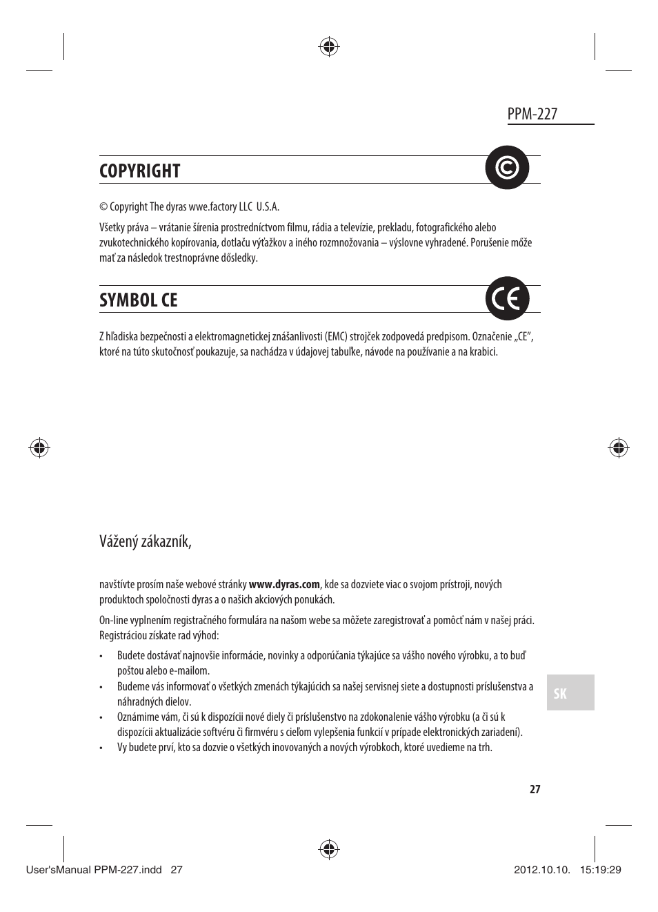 Copyright, Symbol ce, Ppm-227 | Vážený zákazník | Dyras PPM-227 User Manual | Page 27 / 33