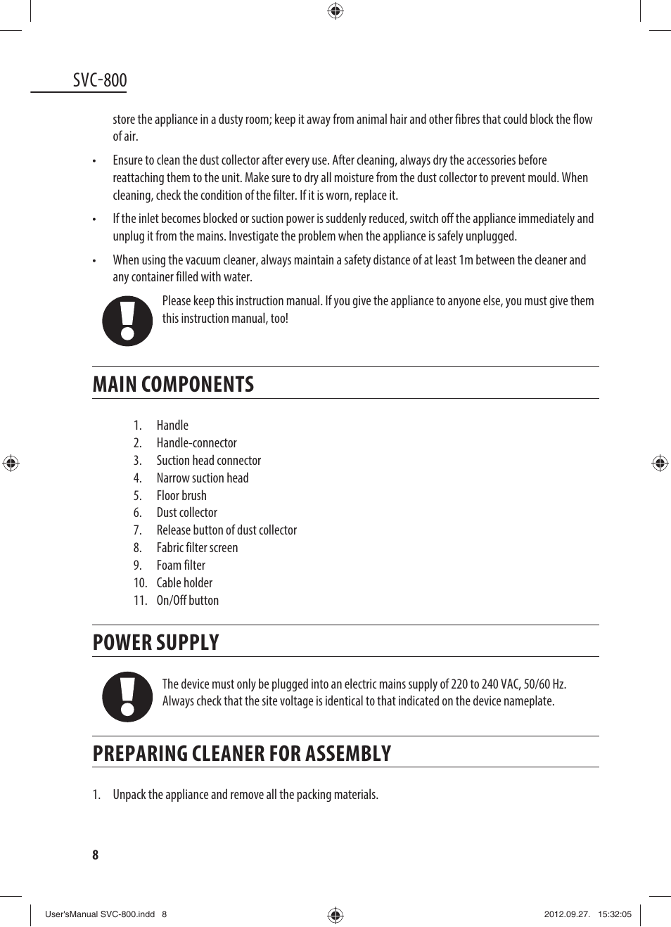 Main components, Power supply, Preparing cleaner for assembly | Svc-800 | Dyras SVC-800 User Manual | Page 8 / 45