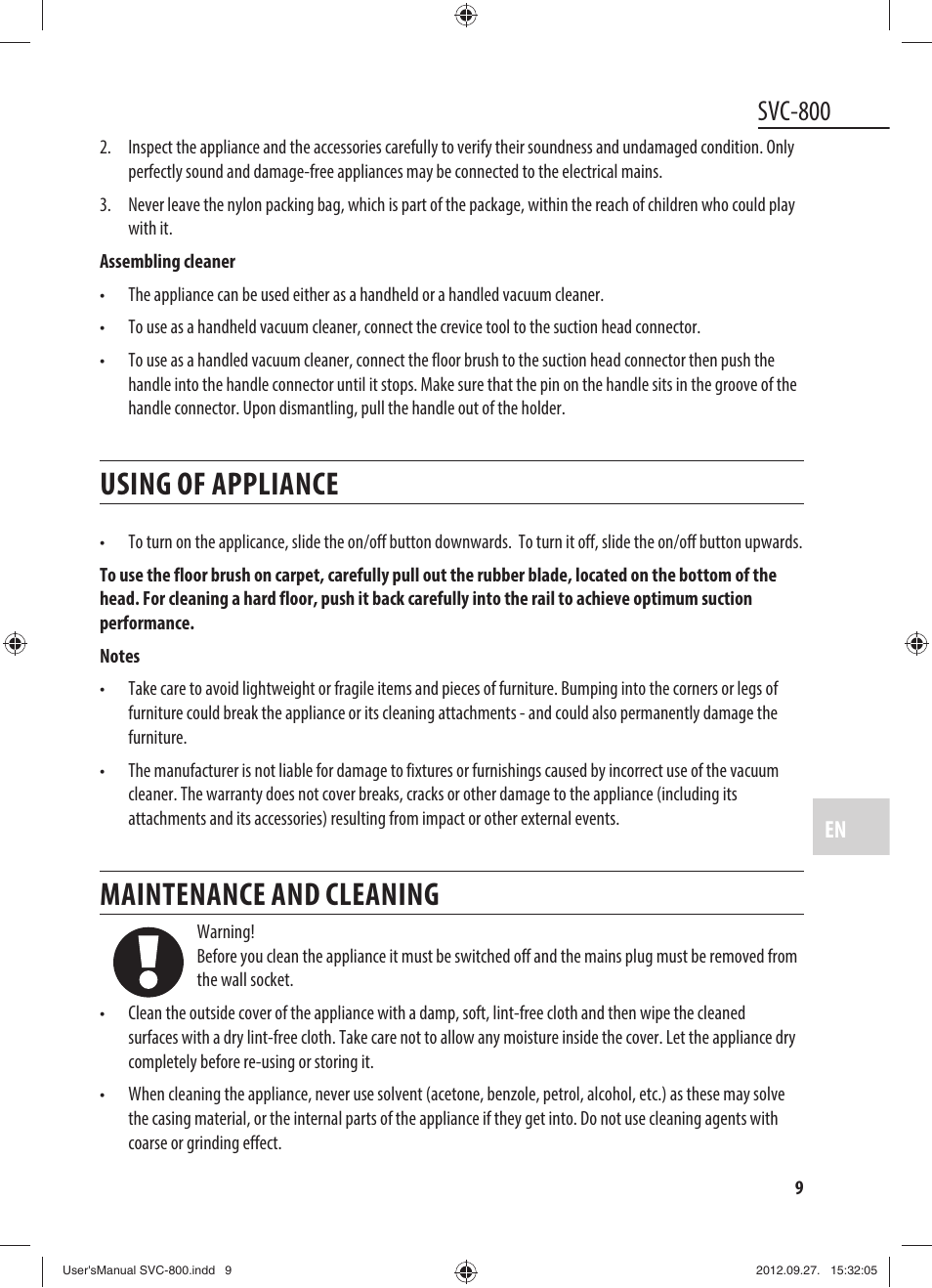 Using of appliance, Maintenance and cleaning, Svc-800 | Dyras SVC-800 User Manual | Page 9 / 45