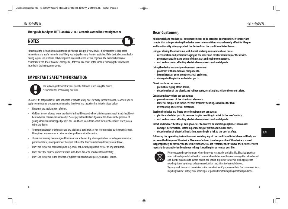 Important safety information, Dear customer | Dyras HSTR-460BW User Manual | Page 3 / 23