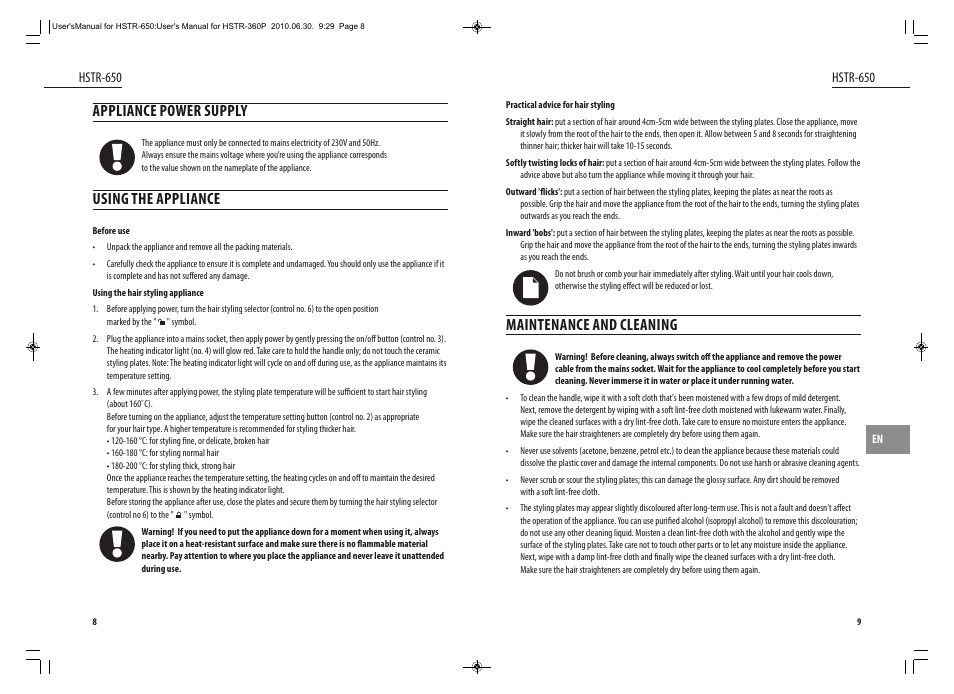 Maintenance and cleaning, Appliance power supply, Using the appliance | Dyras HSTR-650 User Manual | Page 5 / 23