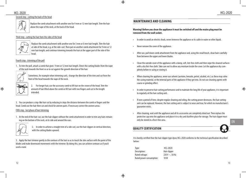 Maintenance and cleaning | Dyras HCL-2020 User Manual | Page 7 / 33