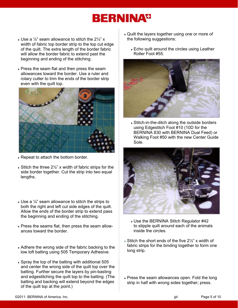 Stitch the borders, Stitch the quilting and binding | Bernina Baby Accessories User Manual | Page 5 / 10