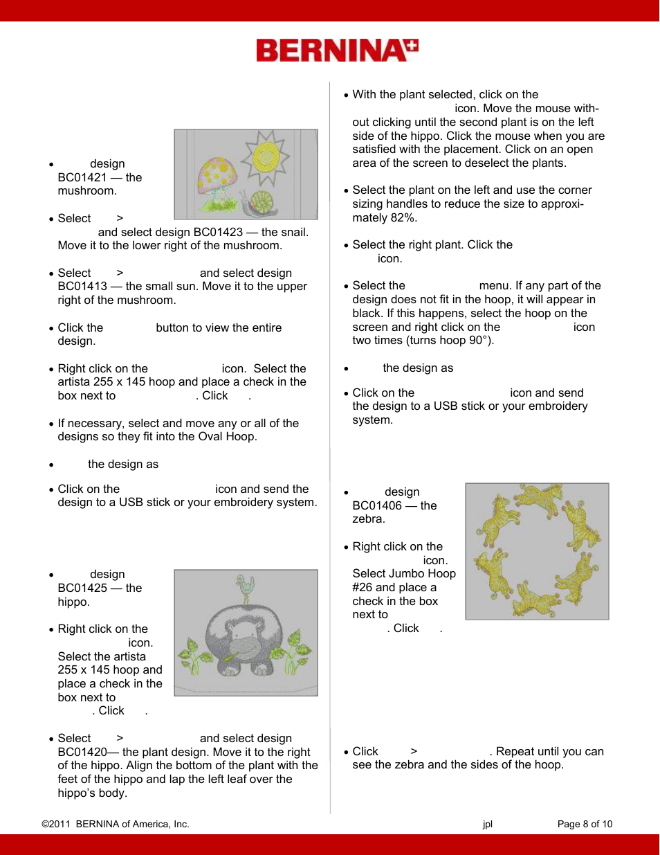 Circle of zebras, Mushroom and snail, Hippo with plants | Bernina Baby Accessories User Manual | Page 8 / 10