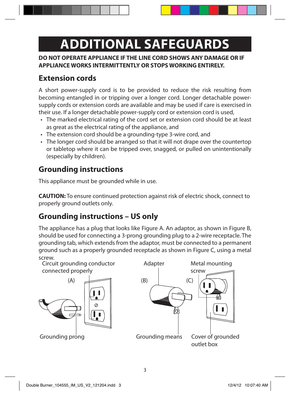 Additional safeguards, Extension cords, Grounding instructions | Grounding instructions – us only | FARBERWARE 104555 Double Burner User Manual | Page 3 / 9