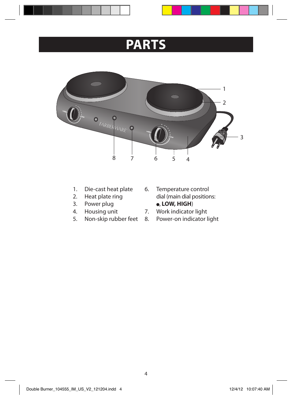 Parts, Illustrations | FARBERWARE 104555 Double Burner User Manual | Page 4 / 9