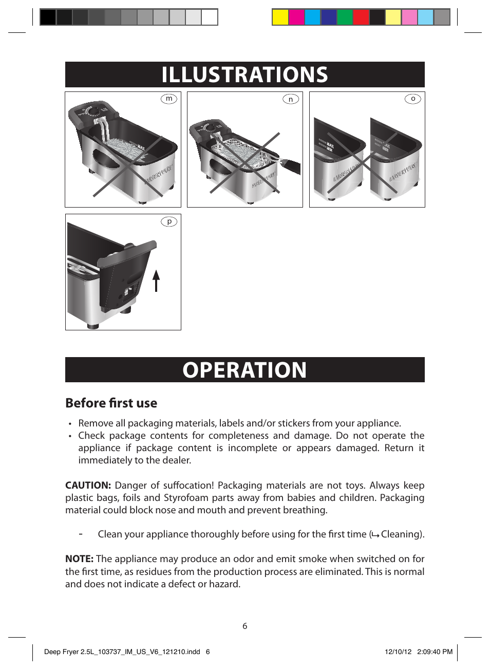 Illustrations, Operation, Before first use | FARBERWARE 103737 2.5L Dual Deep Fryer User Manual | Page 6 / 15