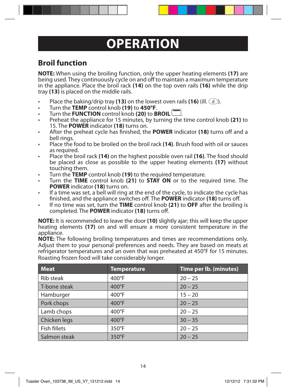 Operation, Broil function | FARBERWARE 103718 Countertop Convection Oven User Manual | Page 14 / 18