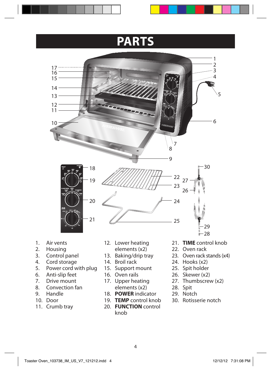 Parts, Illustrations | FARBERWARE 103718 Countertop Convection Oven User Manual | Page 4 / 18
