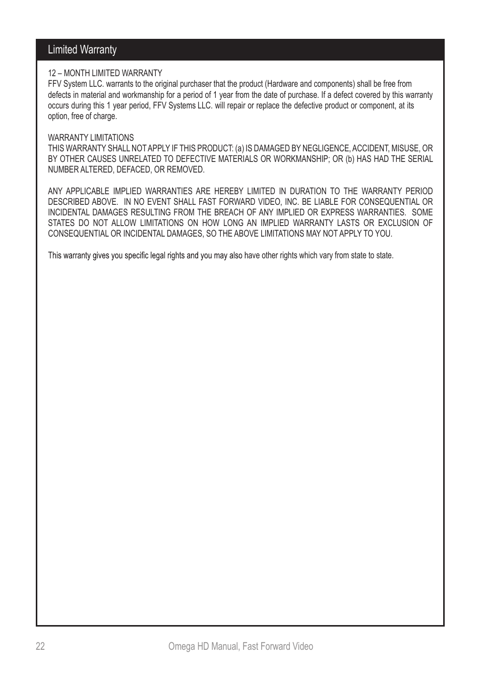 Omegahdmanual_p22, Limited warranty | Fast Forward Video Omega HD User Manual | Page 22 / 22