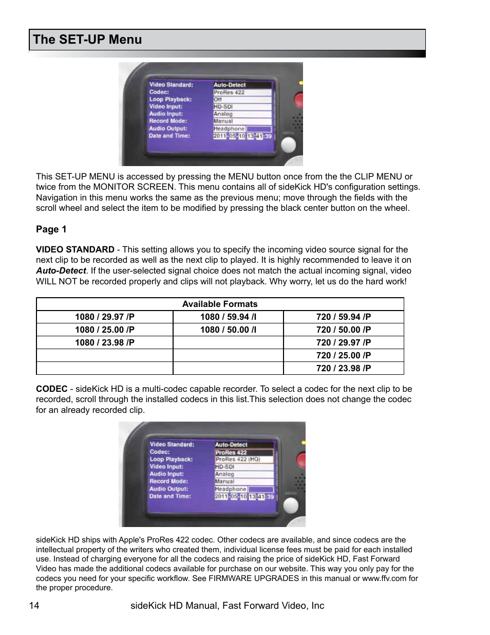 The set-up menu | Fast Forward Video SideKick HD (EOL) User Manual | Page 14 / 19
