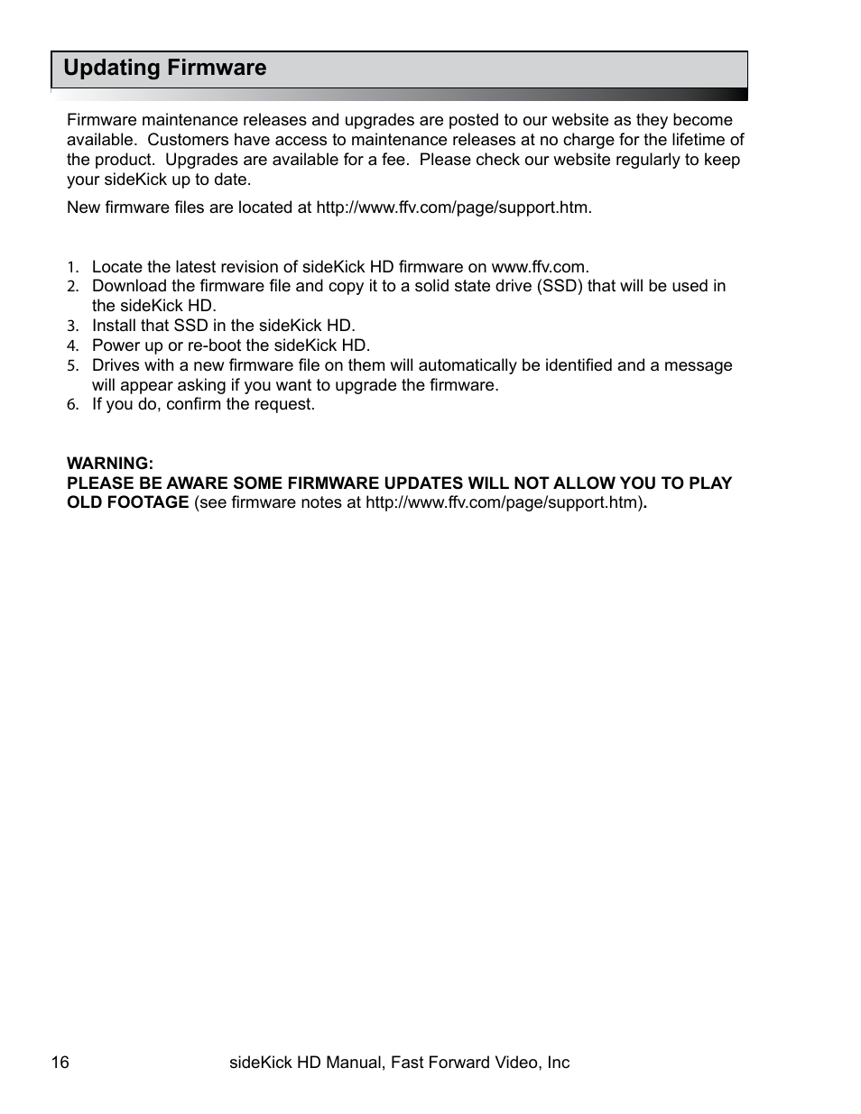 Updating firmware | Fast Forward Video SideKick HD (EOL) User Manual | Page 16 / 19