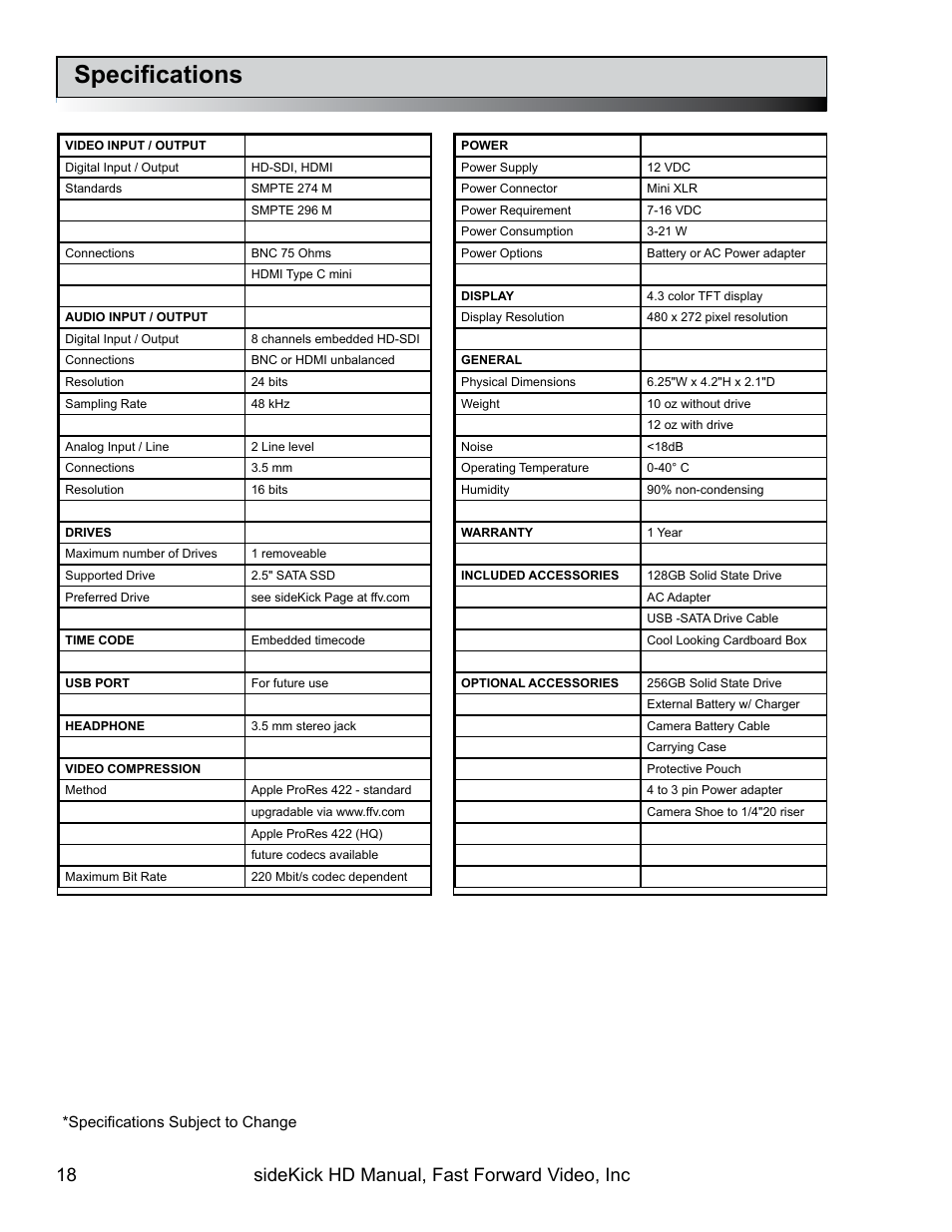 Specifications, 18 sidekick hd manual, fast forward video, inc | Fast Forward Video SideKick HD (EOL) User Manual | Page 18 / 19