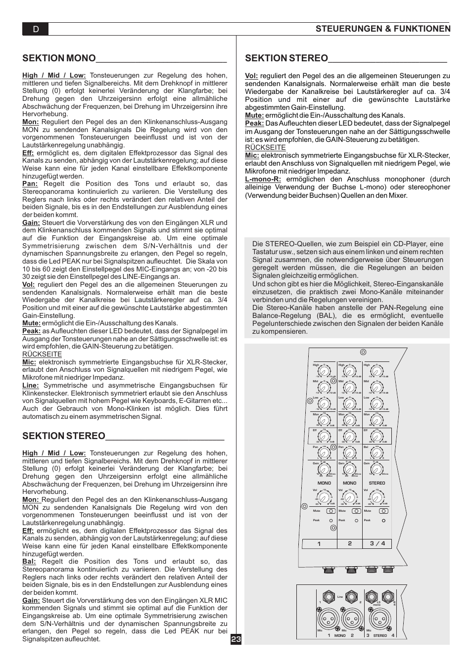 Sektion mono, Sektion stereo, Steuerungen & funktionen d | High / mid / low: mon: eff: bal: gain | FBT AMICO10USB User Manual | Page 25 / 36