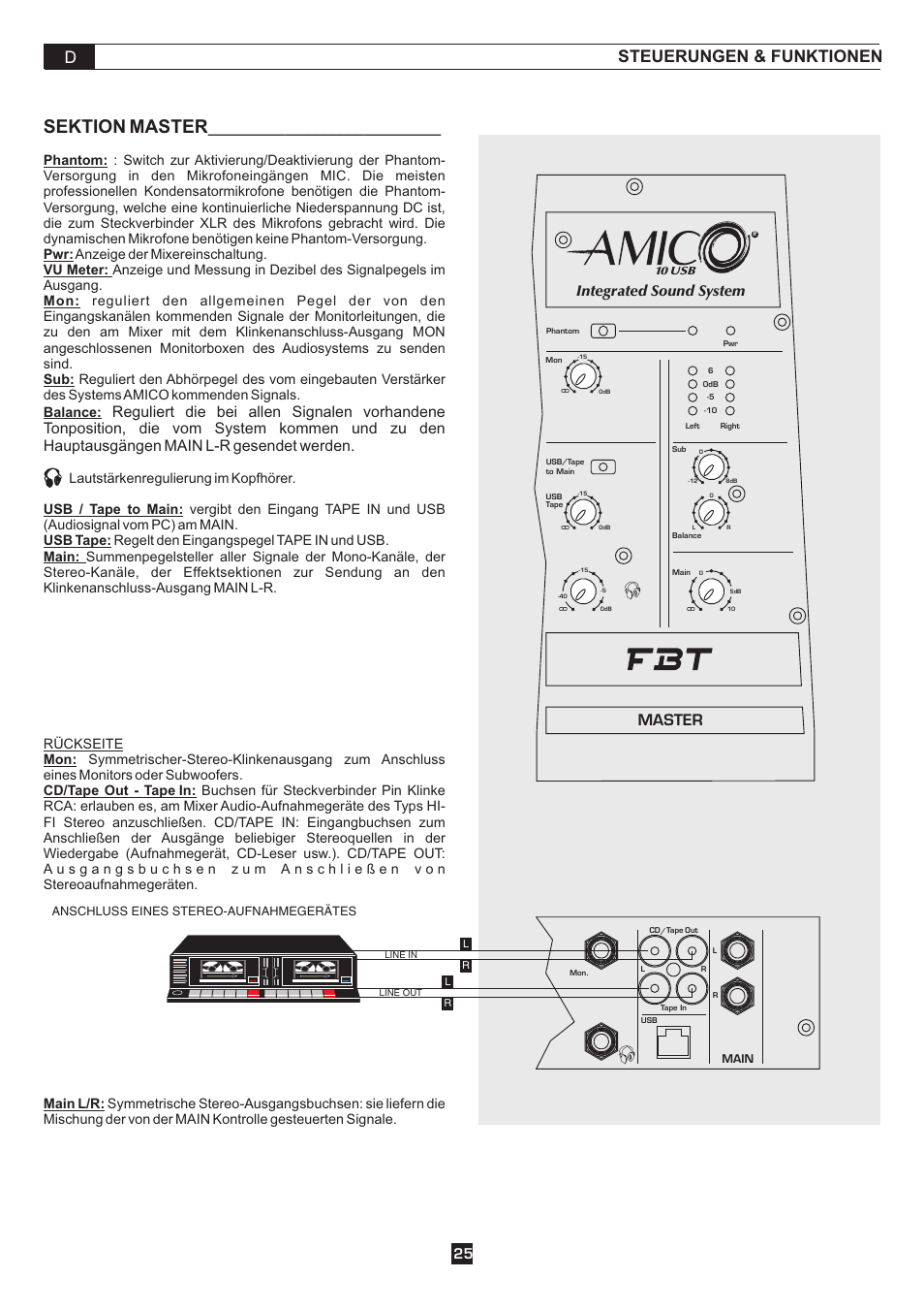 Sektion master, Dsteuerungen & funktionen, Integrated sound system | Master, Rückseite mon: cd/tape out - tape in: main l/r | FBT AMICO10USB User Manual | Page 27 / 36