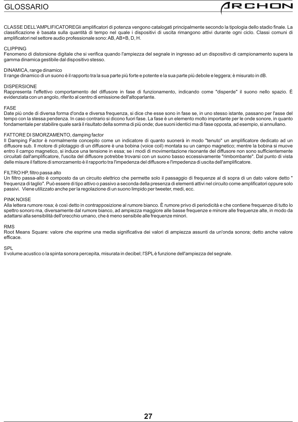 Archon, 27 glossario | FBT Archon User Manual | Page 30 / 116