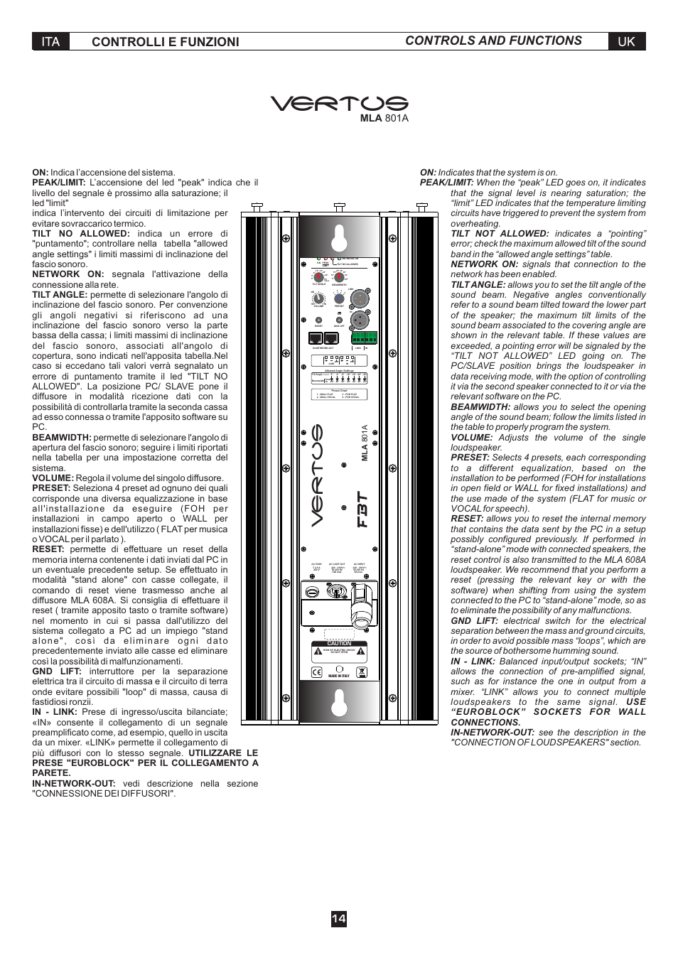 Vertus, Controlli e funzioni controls and functions, Mla 801a | FBT MLA 801A User Manual | Page 16 / 24