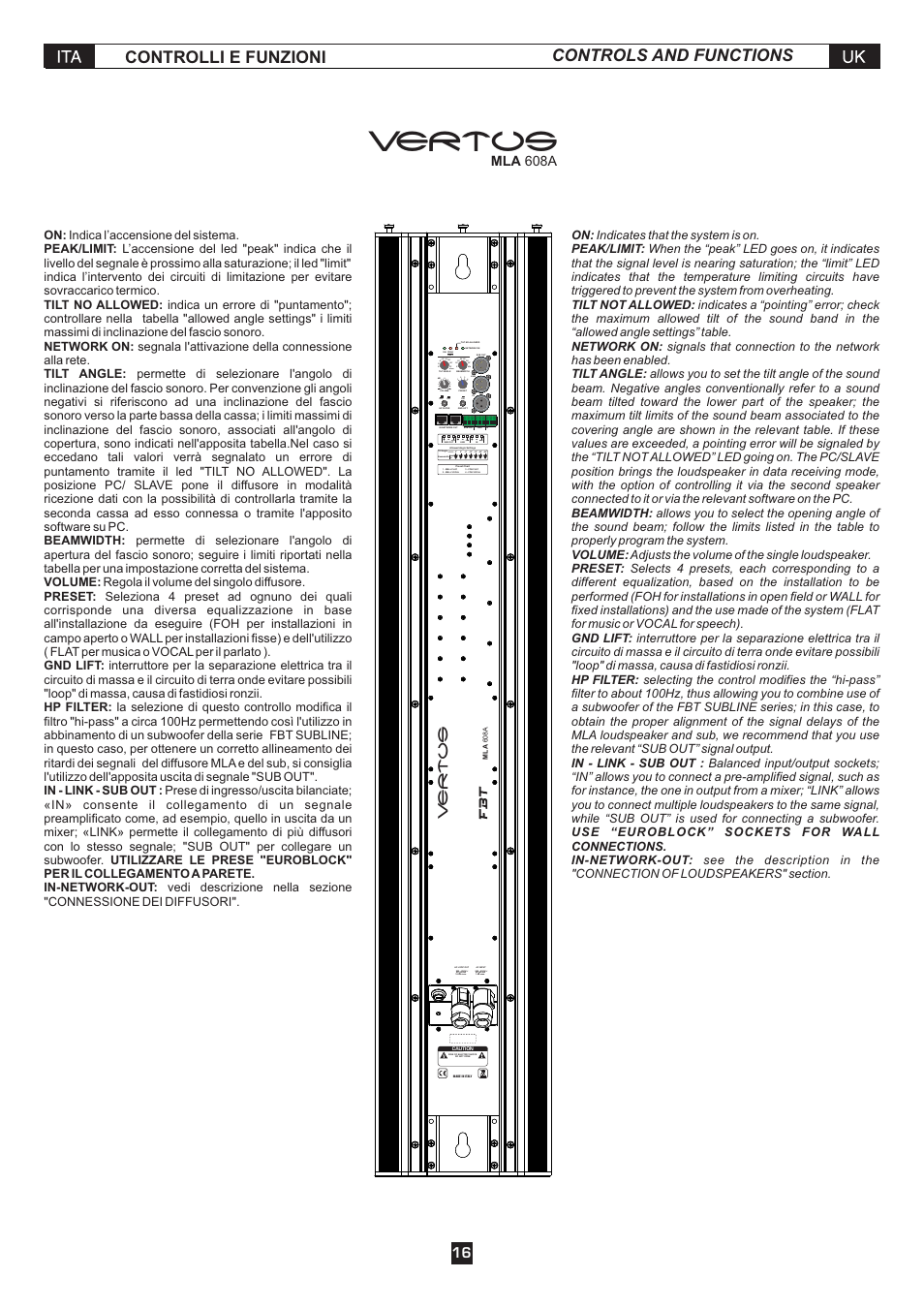 Vertus, Controlli e funzioni controls and functions, Mla 608a | FBT MLA 801A User Manual | Page 18 / 24