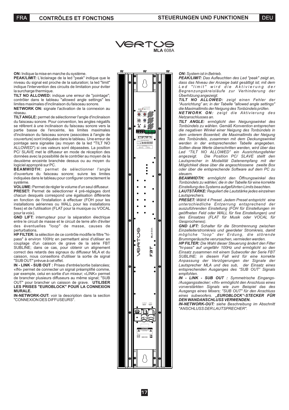 Vertus, Contrôles et fonctions steuerungen und funktionen, Mla 608a | FBT MLA 801A User Manual | Page 19 / 24