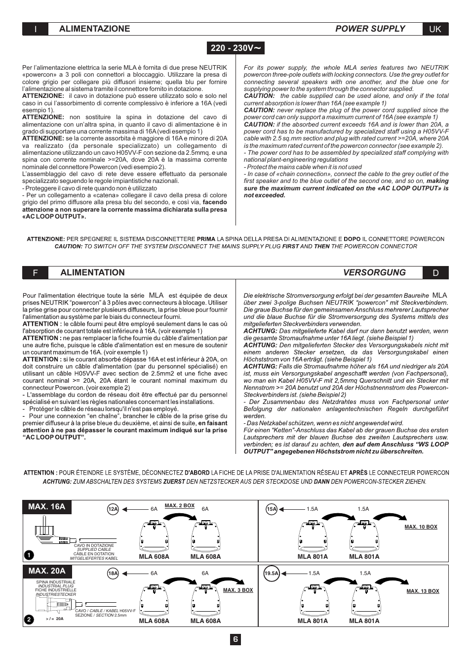 Alimentazione uk i power supply, Alimentation d f versorgung, Max. 16a max. 20a | FBT MLA 801A User Manual | Page 8 / 24