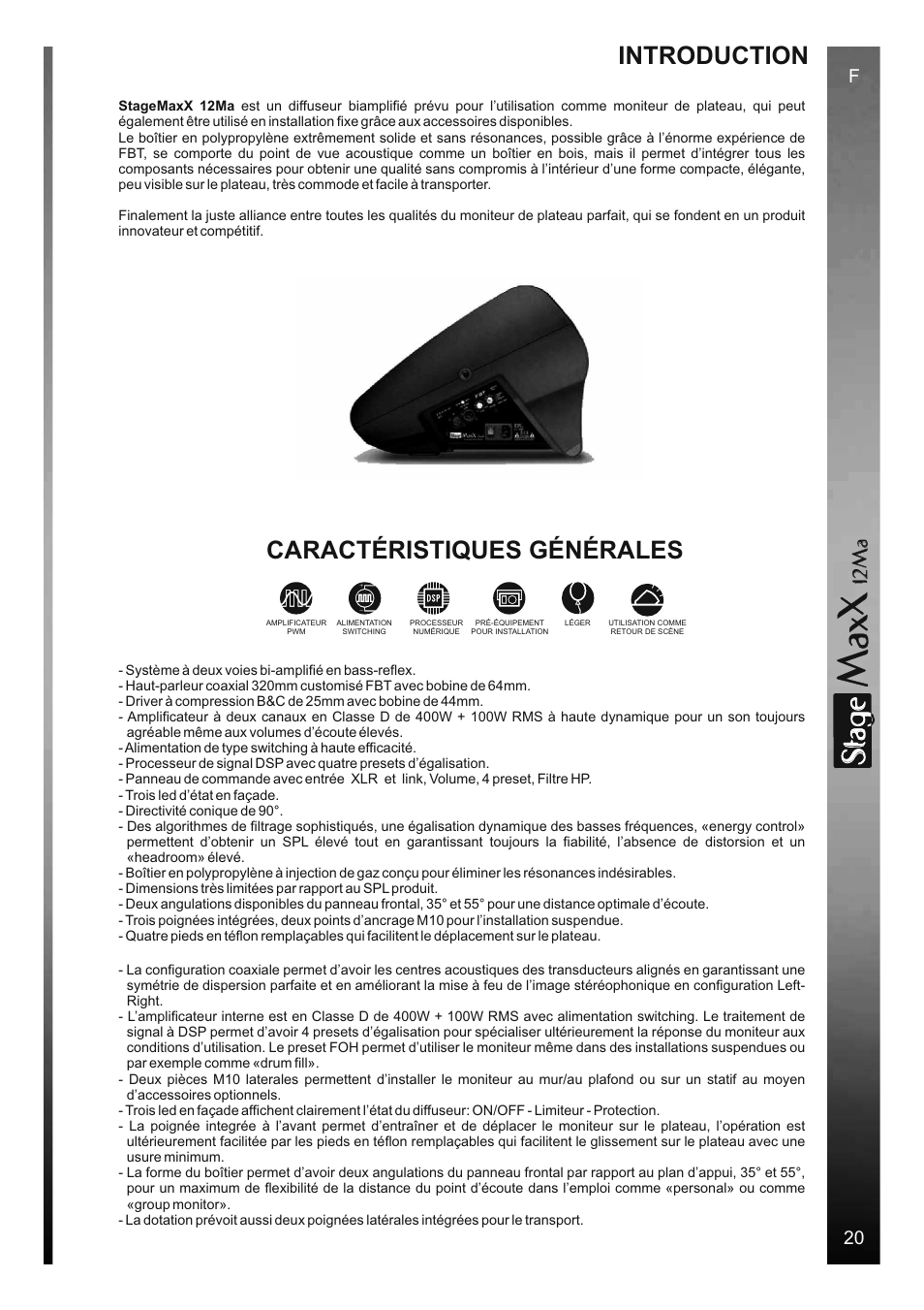 Sta e, Introduction, Caractéristiques générales | 12 m a, 20 f | FBT StageMaxX User Manual | Page 25 / 44