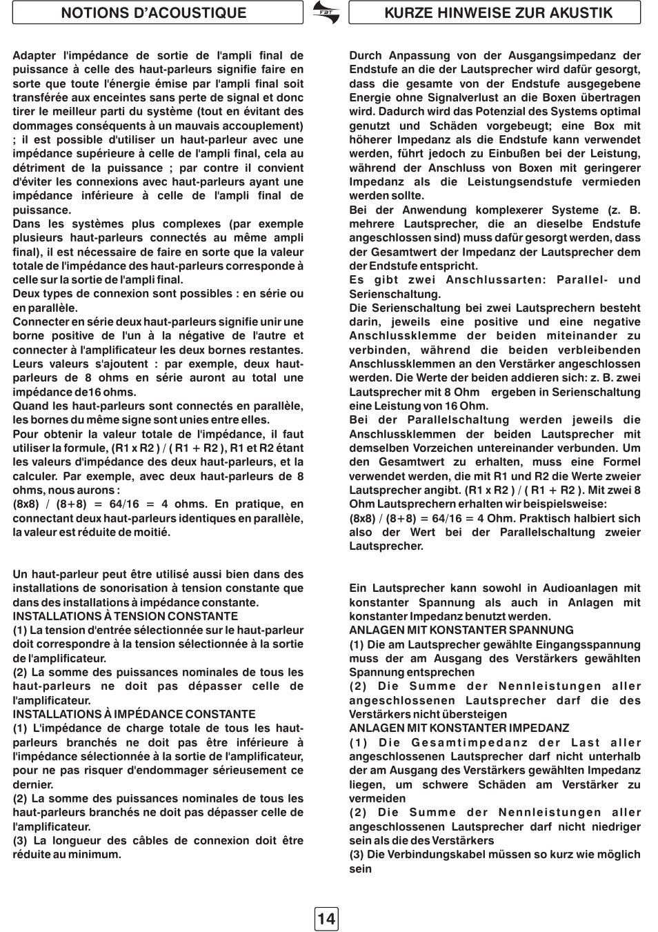 Notions d’acoustique kurze hinweise zur akustik | FBT STUDIO pro91 User Manual | Page 16 / 16