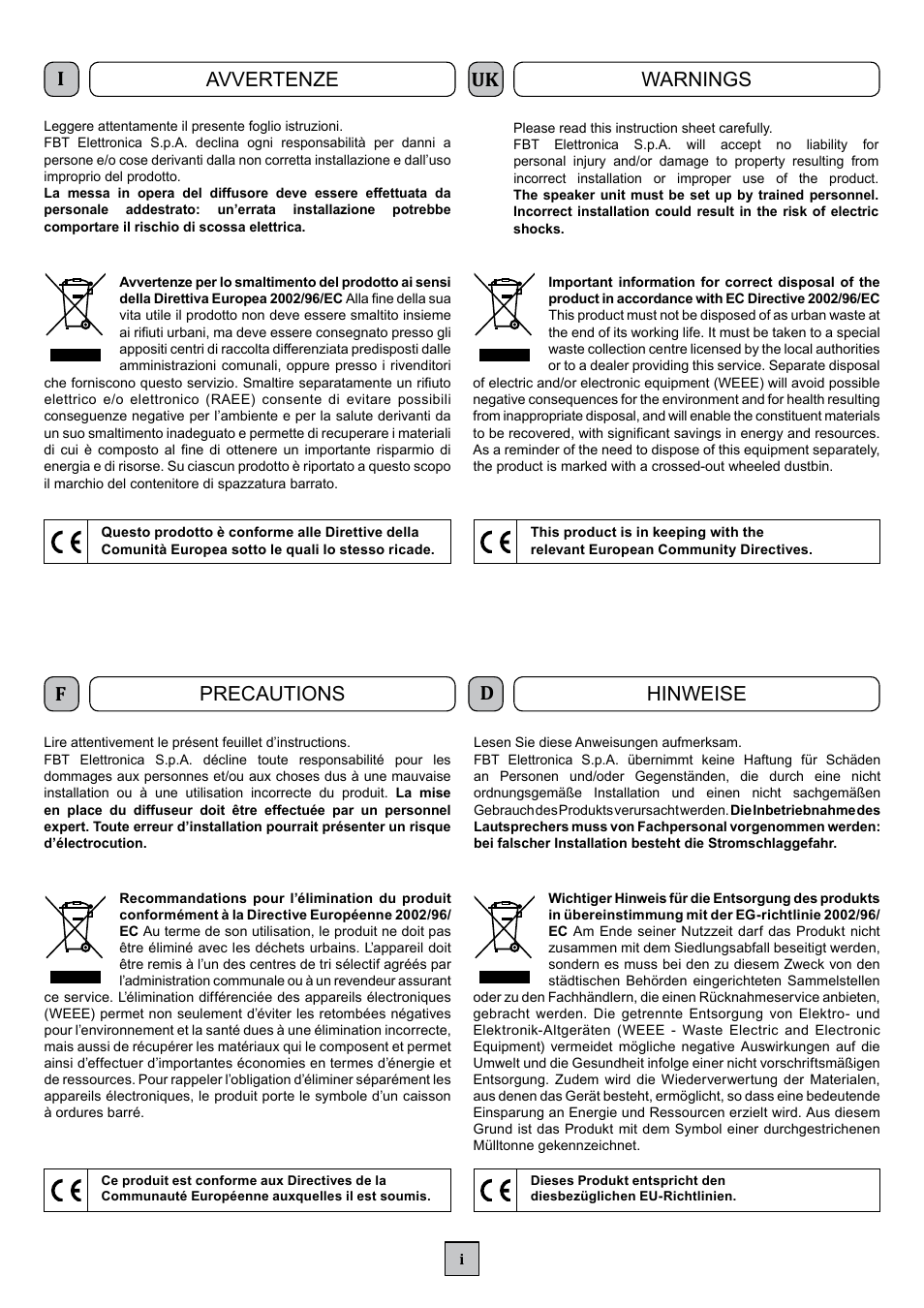 Iavvertenze, Uk warnings, Fprecautions | Dhinweise | FBT SOP 412 EN User Manual | Page 2 / 8