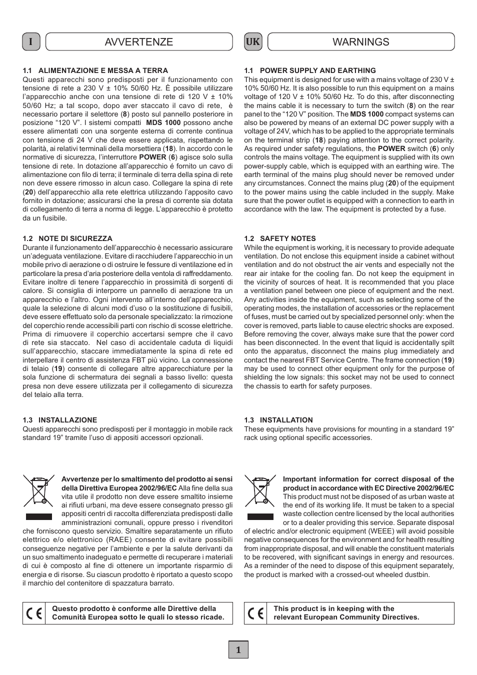 Avvertenze warnings | FBT MDS 1240 User Manual | Page 3 / 24