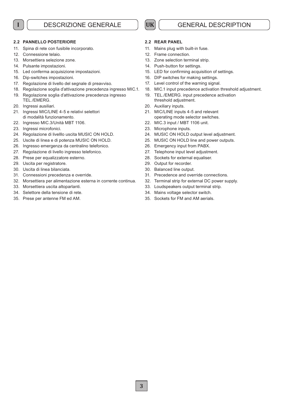 Descrizione generale general description | FBT MDS 6240 User Manual | Page 6 / 40