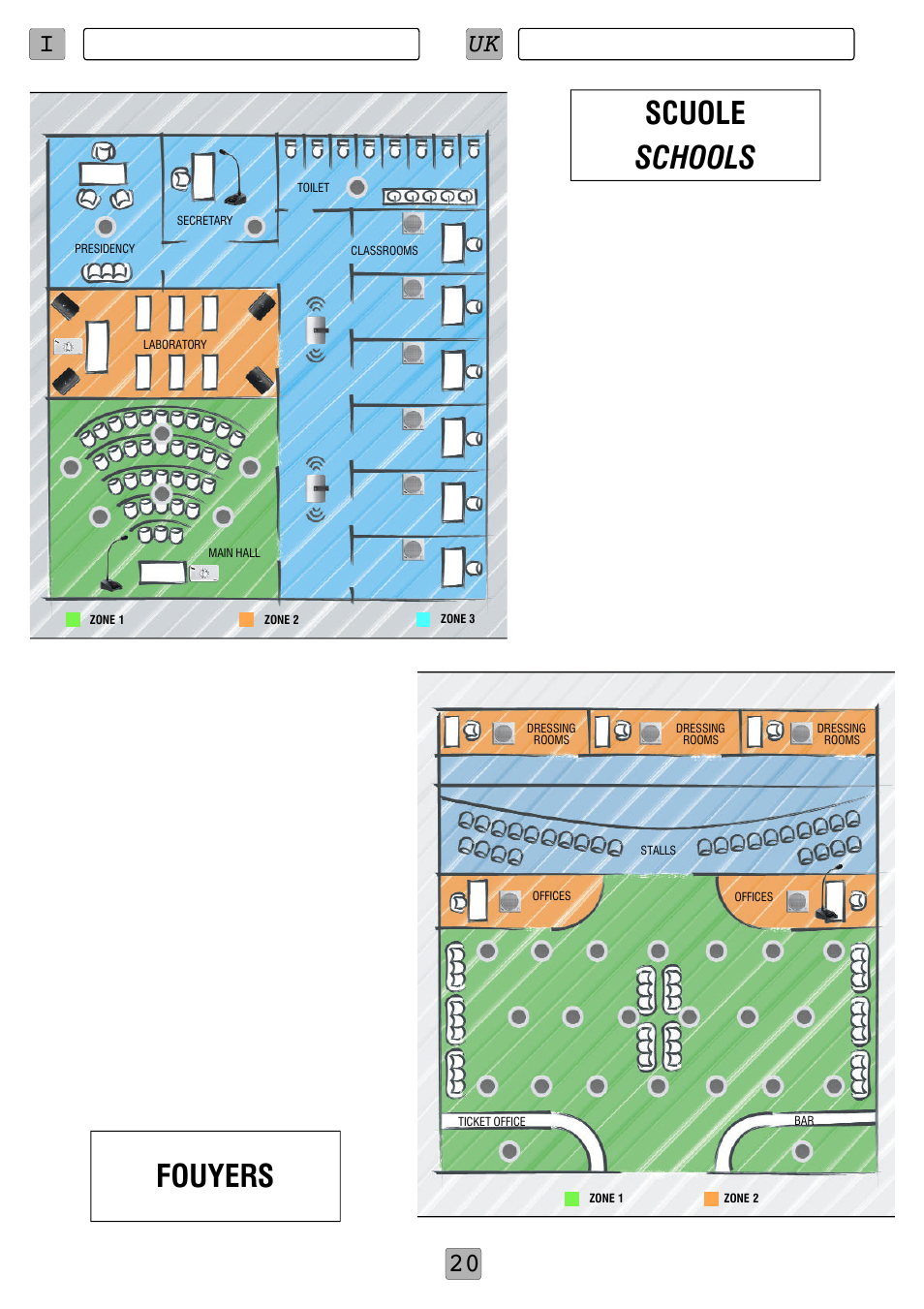 Schools, Fouyers, Scuole | Iuk 20, Impianti systems | FBT MBT 8008 User Manual | Page 22 / 28