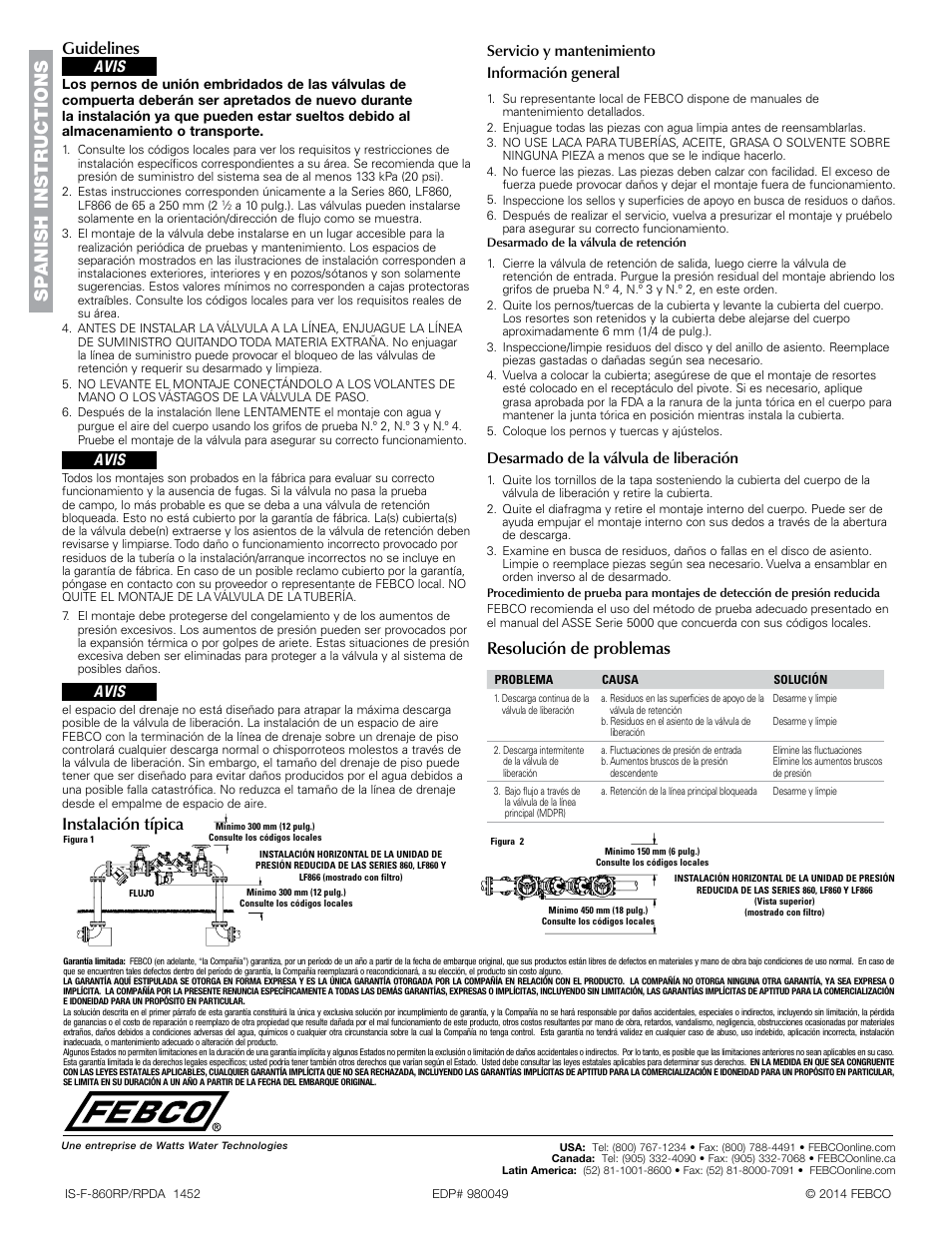 Spanish instructions, Guidelines, Instalación típica | Resolución de problemas, Avis, Servicio y mantenimiento información general, Desarmado de la válvula de liberación | FEBCO LF866 Lead Free MasterSeries Reduced Pressure Zone Detector Prevention Assembly (Type-II) User Manual | Page 3 / 4
