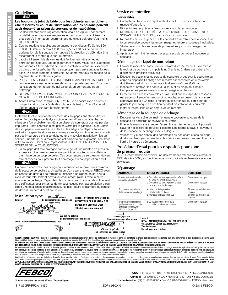 French instructions, Guidelines, Installation type | Service et entretien, Avis, Aviso, Généralités, Démontage du clapet de non-retour, Démontage de la soupape de décharge, Dépannage | FEBCO LF866 Lead Free MasterSeries Reduced Pressure Zone Detector Prevention Assembly (Type-II) User Manual | Page 4 / 4