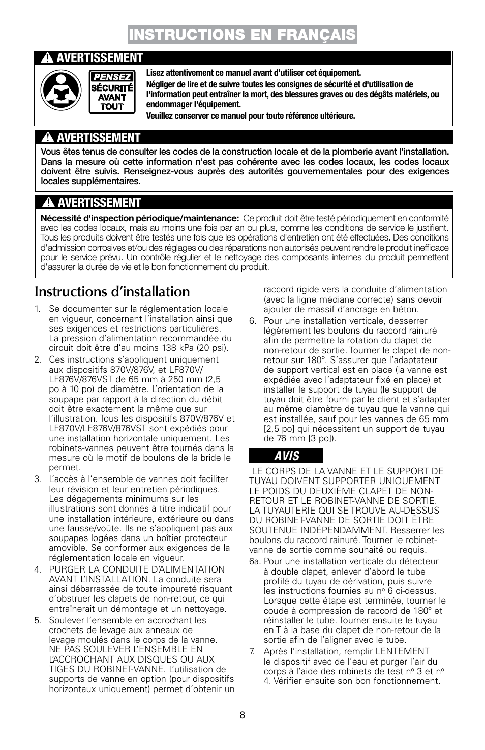 Avis, Avertissement | FEBCO 876VST Master Series Configurable Design Double Check Detector Assemblies User Manual | Page 8 / 12