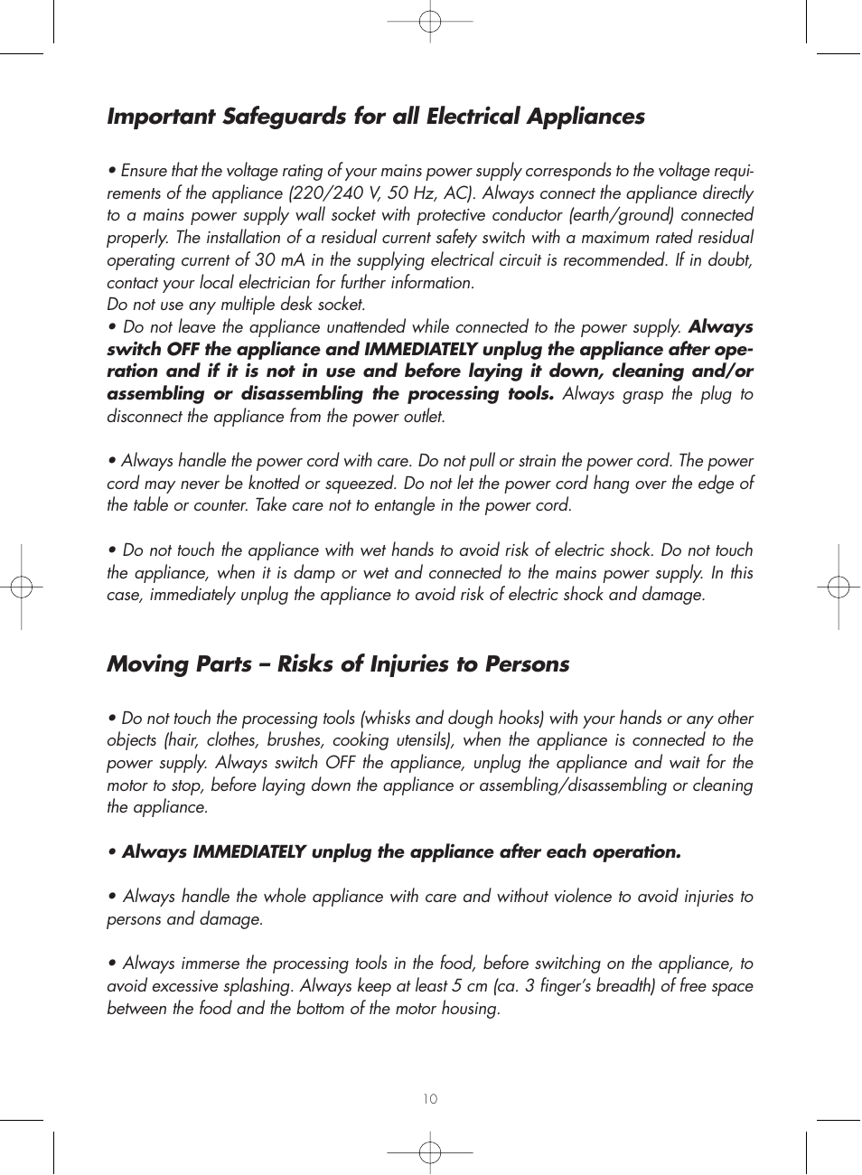 Important safeguards for all electrical appliances, Moving parts – risks of injuries to persons | Gastroback 40980 Hand Mixer Home Culture User Manual | Page 5 / 11