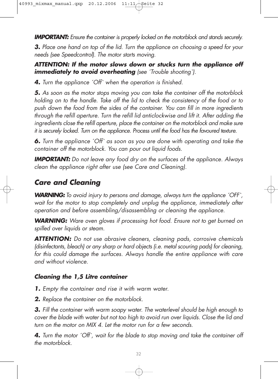 Care and cleaning | Gastroback 40993 MIXMAX Multi-function mixer User Manual | Page 14 / 18