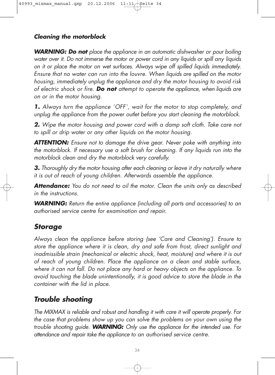 Storage, Trouble shooting | Gastroback 40993 MIXMAX Multi-function mixer User Manual | Page 16 / 18