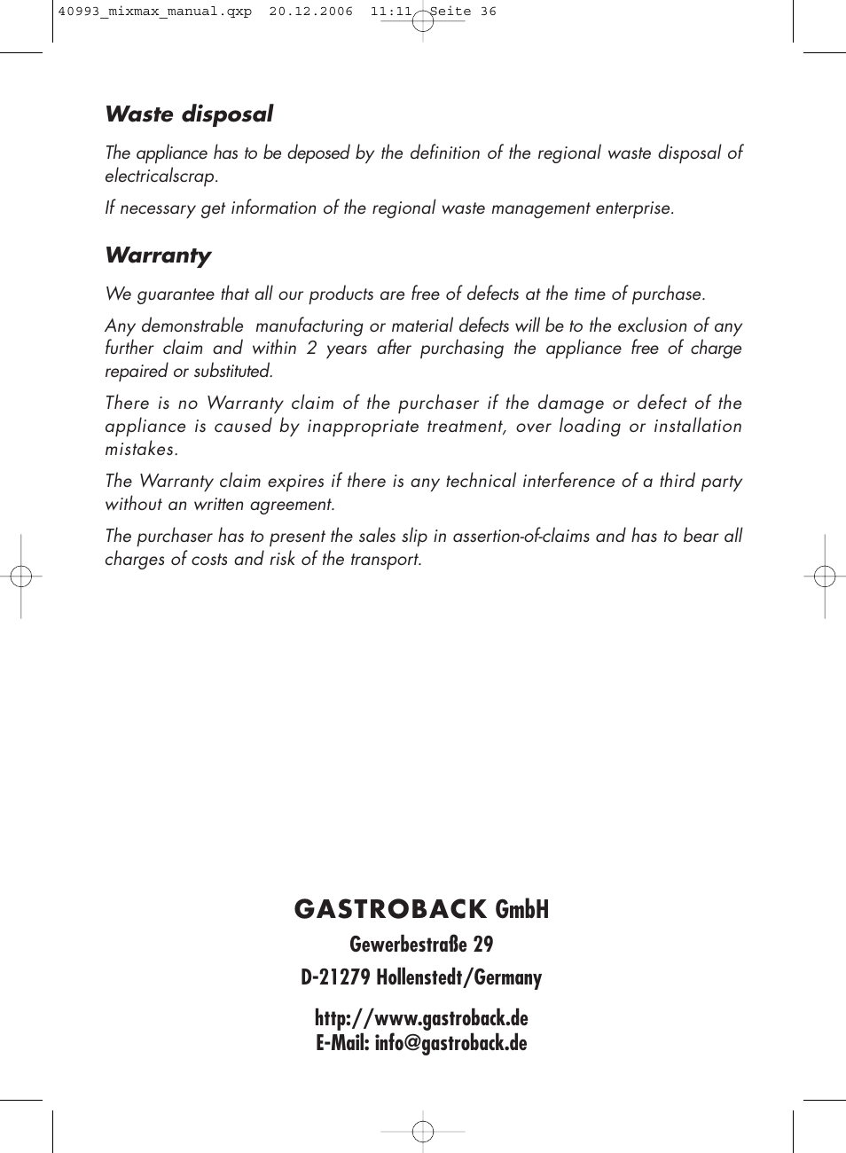 Gastroback gmbh | Gastroback 40993 MIXMAX Multi-function mixer User Manual | Page 18 / 18