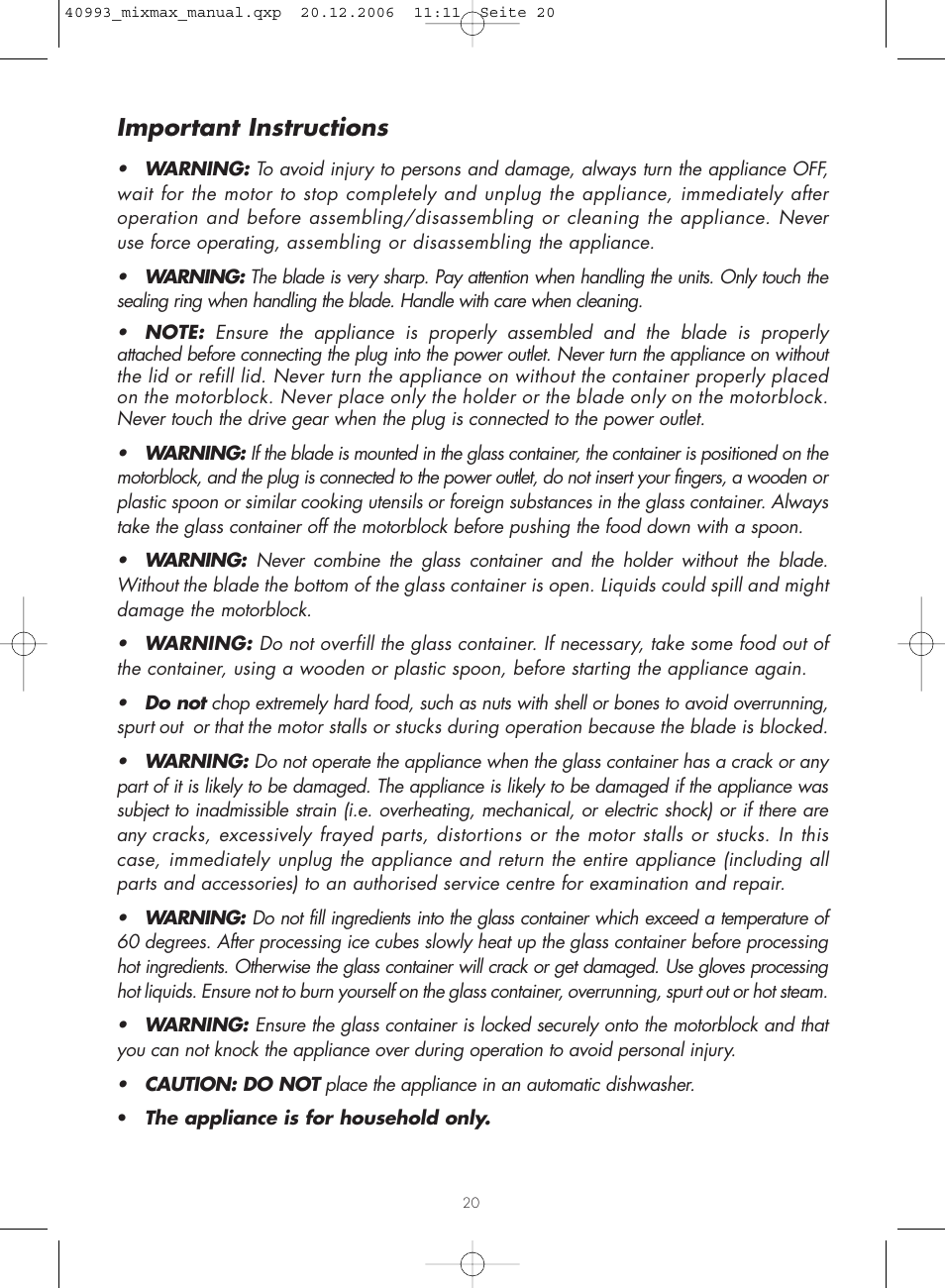 Important instructions | Gastroback 40993 MIXMAX Multi-function mixer User Manual | Page 2 / 18