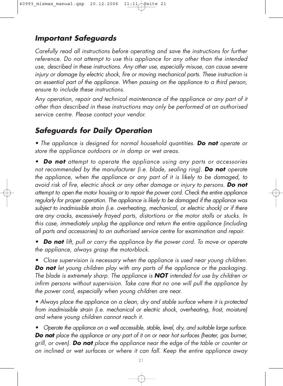 Important safeguards, Safeguards for daily operation | Gastroback 40993 MIXMAX Multi-function mixer User Manual | Page 3 / 18