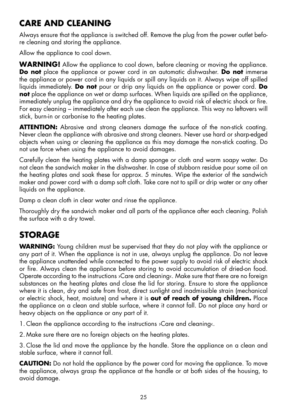 Care and cleaning, Storage | Gastroback 42433 Design Sandwich Pro User Manual | Page 11 / 12