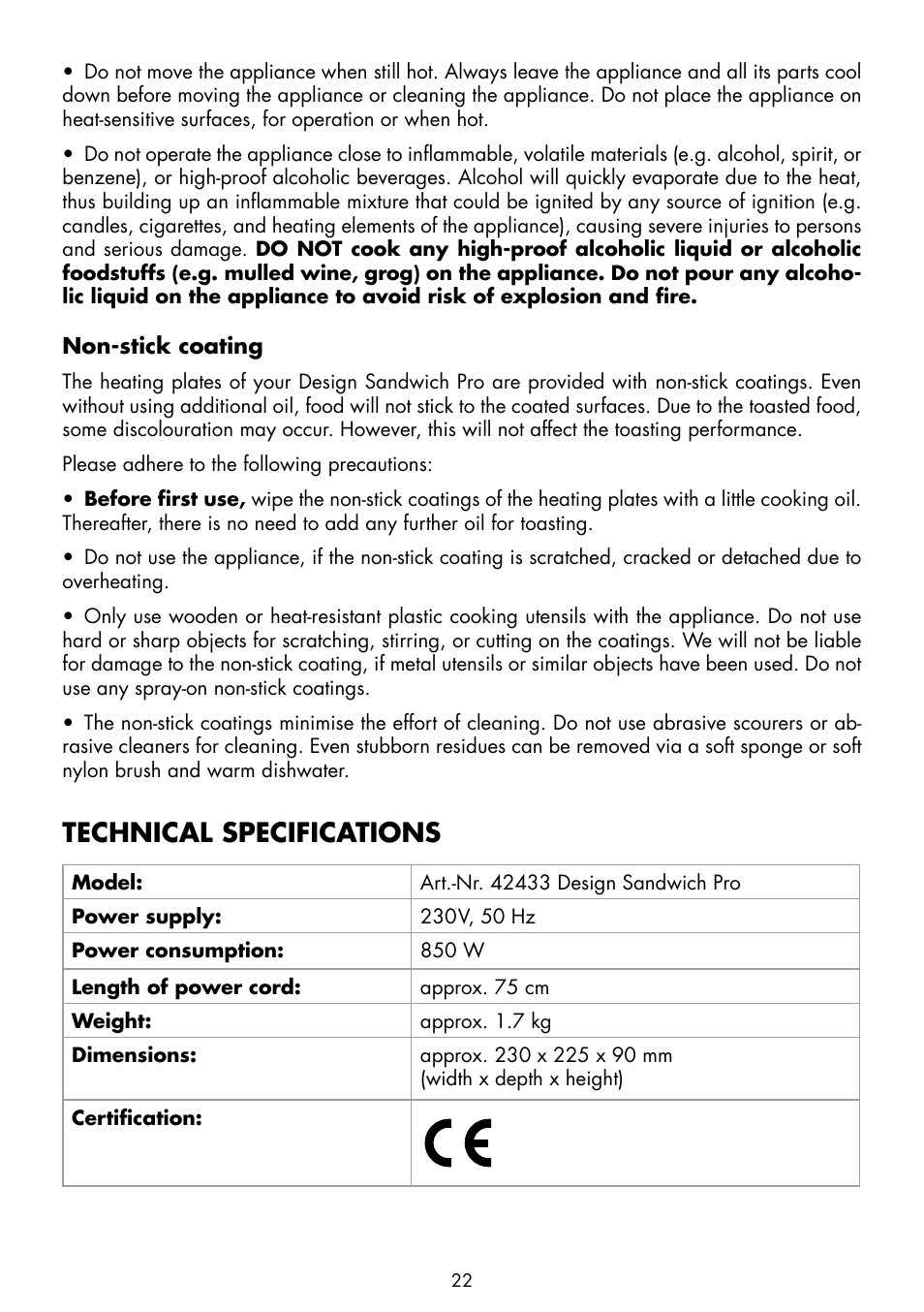 Technical specifications | Gastroback 42433 Design Sandwich Pro User Manual | Page 8 / 12