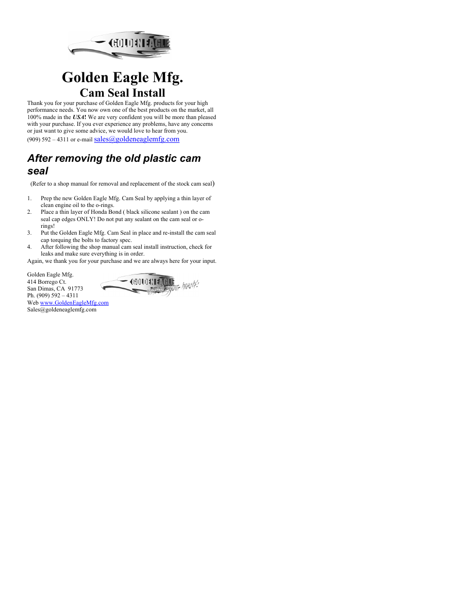 Golden Eagle Cam Seal User Manual | 1 page