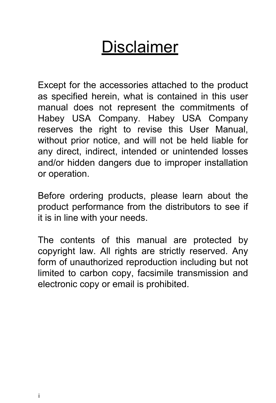 Disclaimer | Habey BIS-6650 User Manual | Page 2 / 56